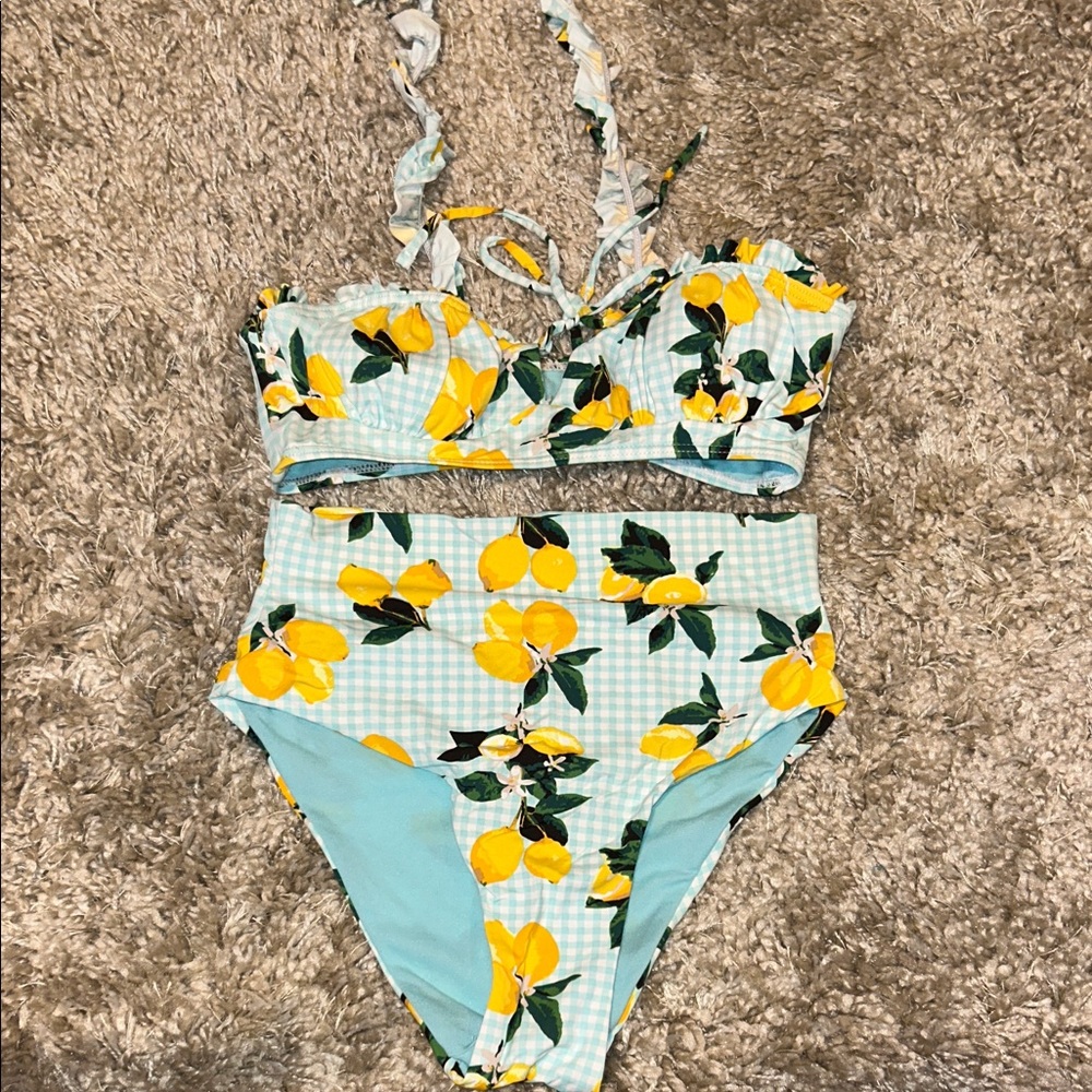 High-Waist Lemon Print Bikini Set - Light Blue & Yellow